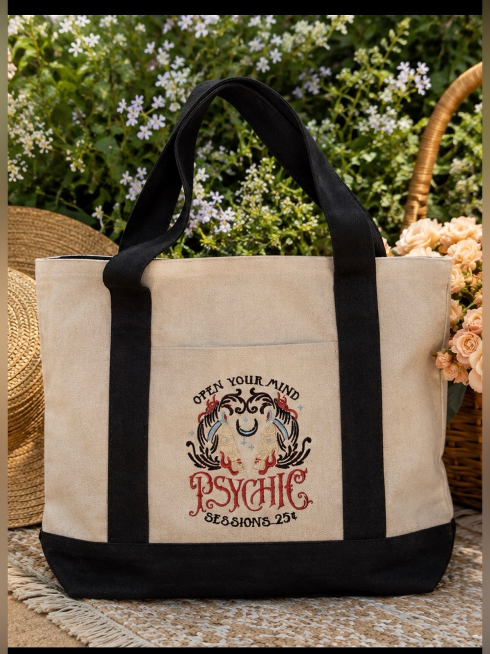 🖤 Custom Embroidered “Psychic Sessions” Canvas Tote 🔮